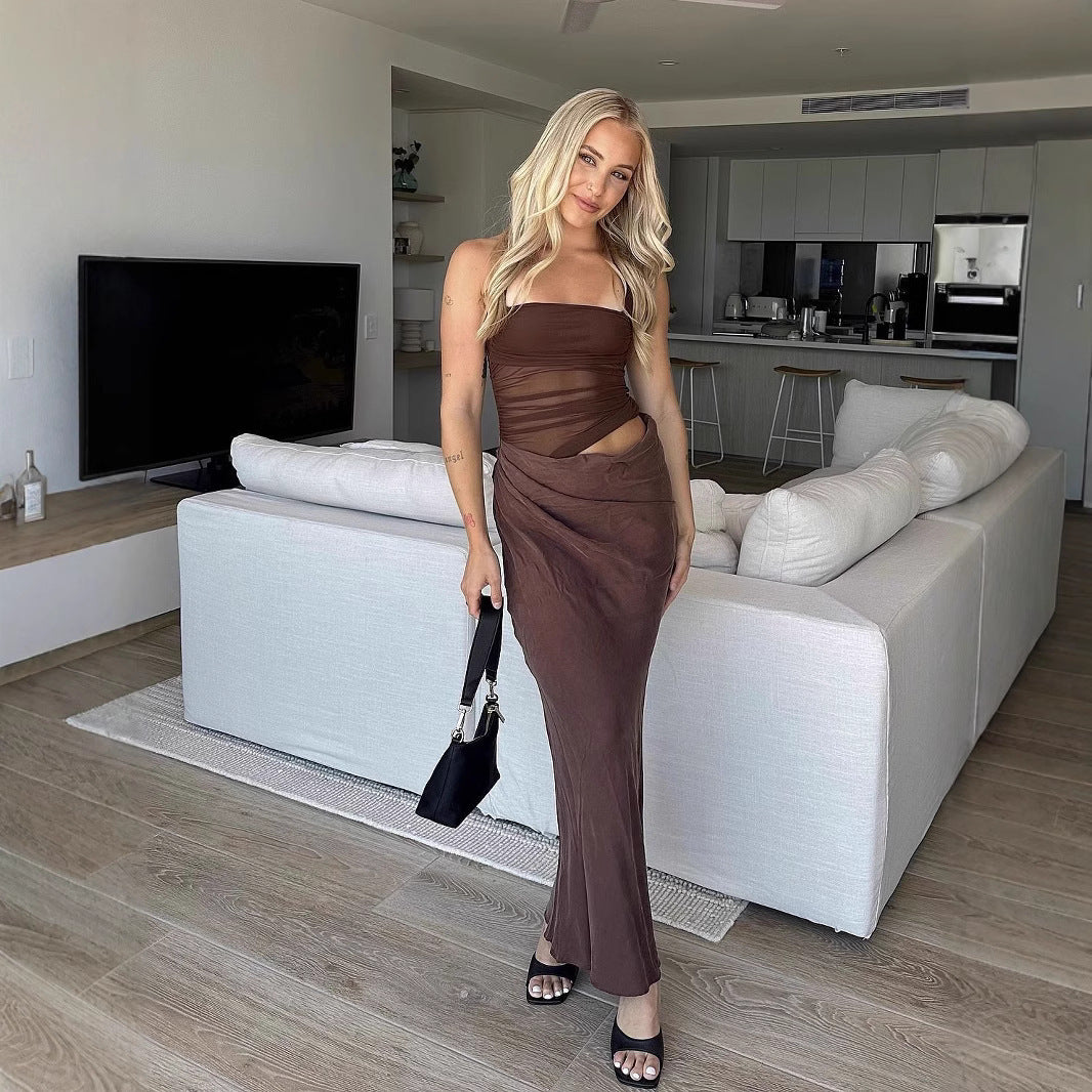 Sexy Mesh Stitching Halter Dresses for Women