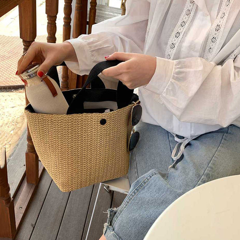 Casual Rattan Summer Shoulder Bags – Black & White Handles