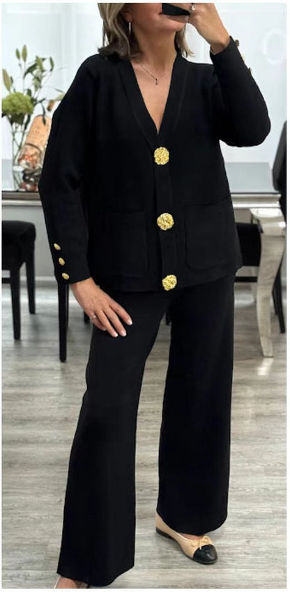 SALE Metal Buckle Knitted Cardigan Sweater Wide Leg Pants Suit