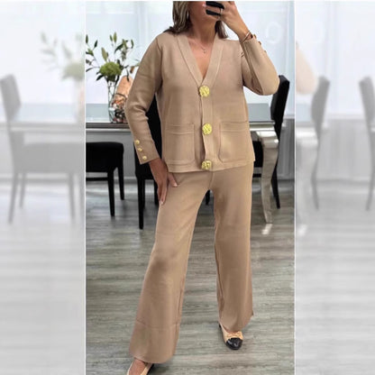 SALE Metal Buckle Knitted Cardigan Sweater Wide Leg Pants Suit