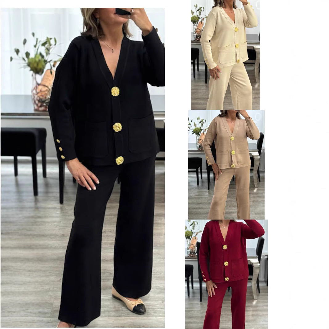 SALE Metal Buckle Knitted Cardigan Sweater Wide Leg Pants Suit