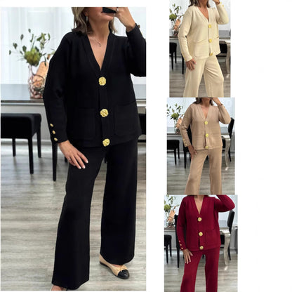 SALE Metal Buckle Knitted Cardigan Sweater Wide Leg Pants Suit