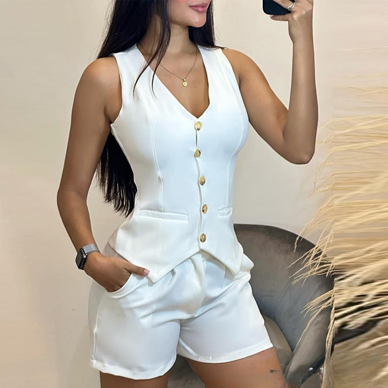 Sleeveless Buttoned Vest & Shorts Summer Sets – White, Apricot & Black