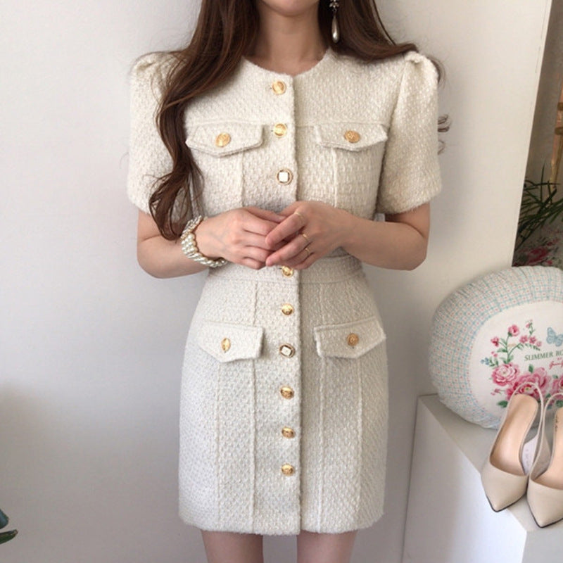 Slim Fit Tweed Dresses with Metal Buttons – Beige