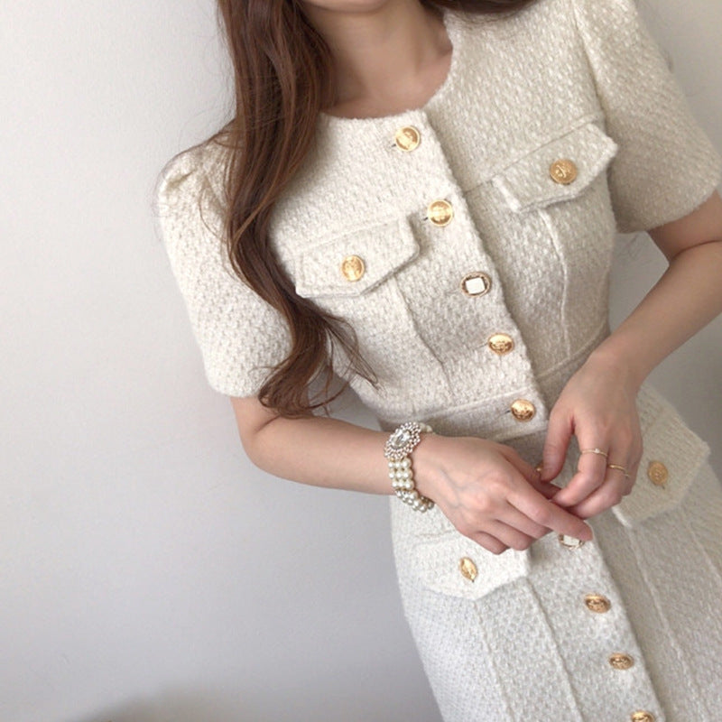 Slim Fit Tweed Dresses with Metal Buttons – Beige