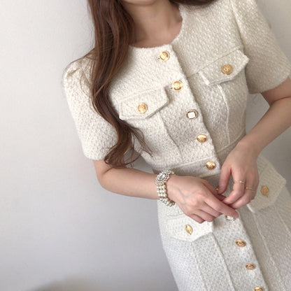 Slim Fit Tweed Dresses with Metal Buttons – Beige