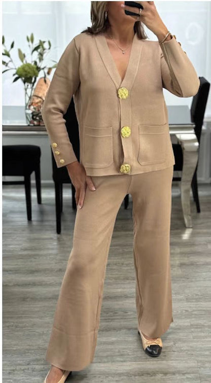 SALE Metal Buckle Knitted Cardigan Sweater Wide Leg Pants Suit